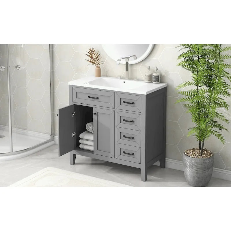 Meuble-lavabo autoportant de 36 po, gris/blanc/noir, avec un évier et des tiroirs