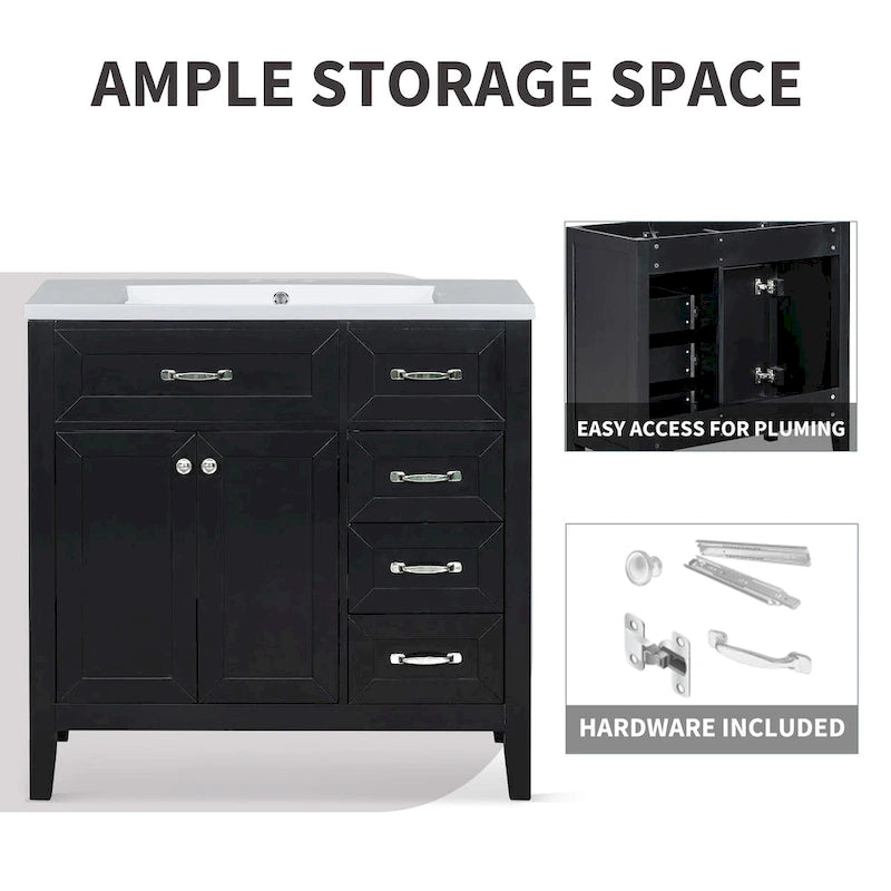 Meuble-lavabo autoportant de 36 po, gris/blanc/noir, avec un évier et des tiroirs