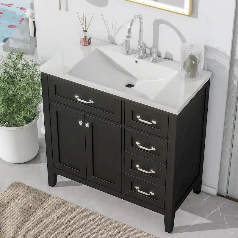 Meuble-lavabo autoportant de 36 po, gris/blanc/noir, avec un évier et des tiroirs