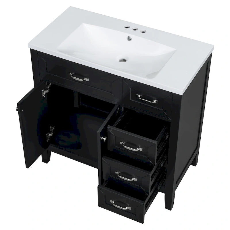 Meuble-lavabo autoportant de 36 po, gris/blanc/noir, avec un évier et des tiroirs