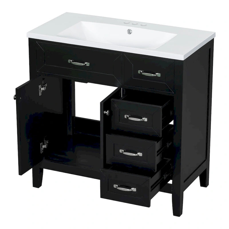 Meuble-lavabo autoportant de 36 po, gris/blanc/noir, avec un évier et des tiroirs