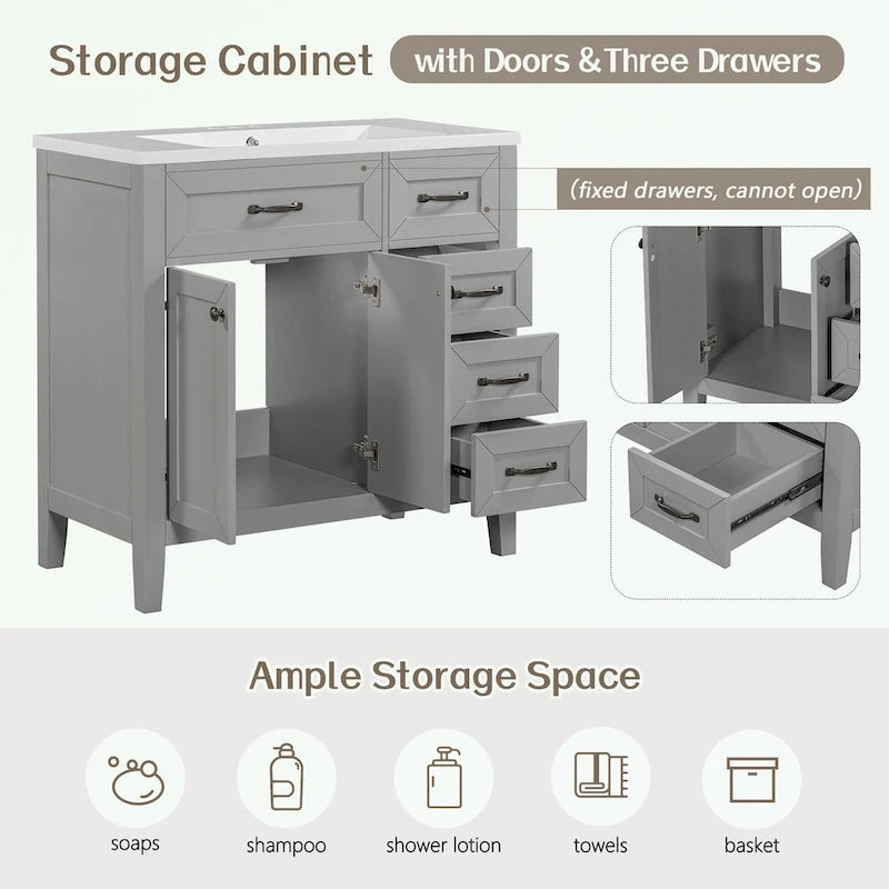 Meuble-lavabo autoportant de 36 po, gris/blanc/noir, avec un évier et des tiroirs