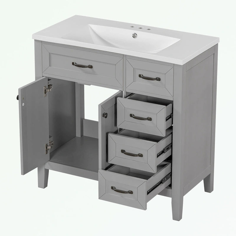 Meuble-lavabo autoportant de 36 po, gris/blanc/noir, avec un évier et des tiroirs
