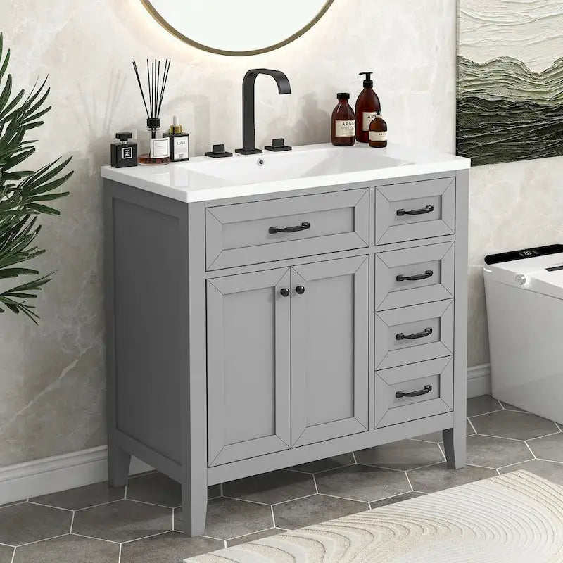 Meuble-lavabo autoportant de 36 po, gris/blanc/noir, avec un évier et des tiroirs