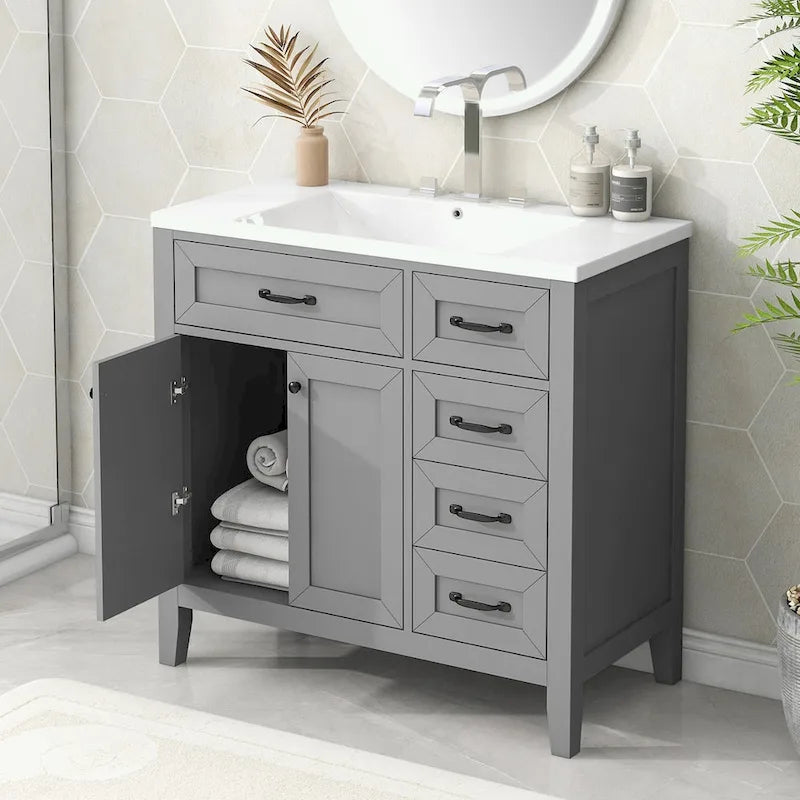 Meuble-lavabo autoportant de 36 po, gris/blanc/noir, avec un évier et des tiroirs