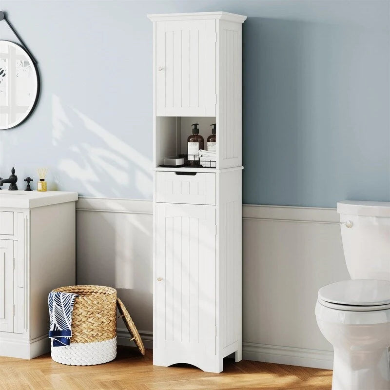 Meuble colonne de rangement de salle de bain autoportant en bois blanc