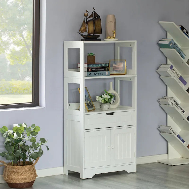 Armoire de rangement haute blanche, 1 tiroir et 2 portes, pour 1 personne