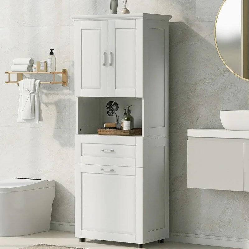Meuble de rangement haut de salle de bain blanc avec panier à linge basculant, 1 personne