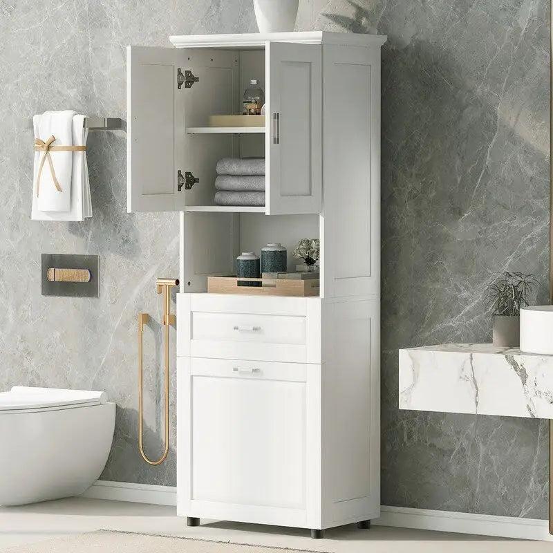Meuble de rangement haut de salle de bain blanc avec panier à linge basculant, 1 personne