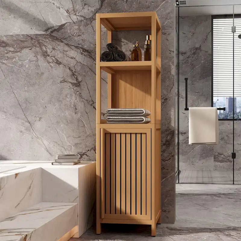 Meuble de rangement d'angle en bambou verni naturel, assemblage par 1 personne