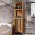 Meuble de rangement d'angle en bambou verni naturel, assemblage par 1 personne