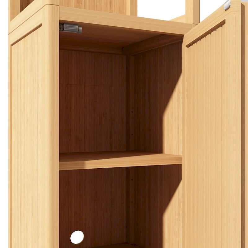 Meuble de rangement d'angle en bambou verni naturel, assemblage par 1 personne