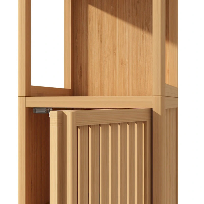 Meuble de rangement d'angle en bambou verni naturel, assemblage par 1 personne