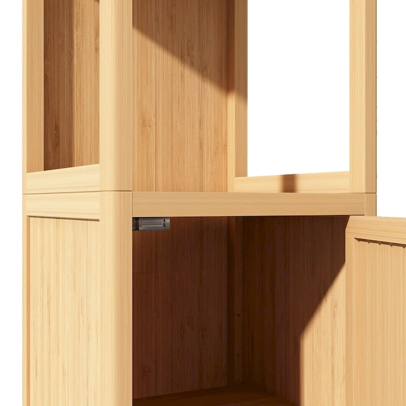 Meuble de rangement d'angle en bambou verni naturel, assemblage par 1 personne