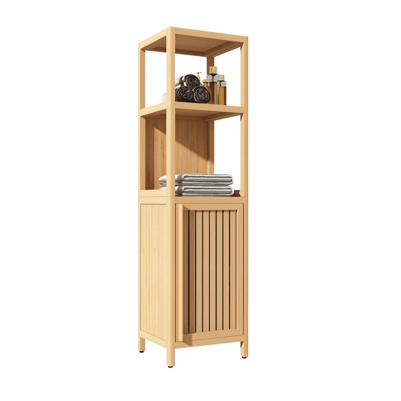 Meuble de rangement d'angle en bambou verni naturel, assemblage par 1 personne