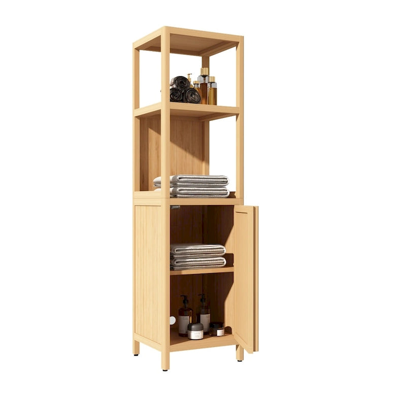 Meuble de rangement d'angle en bambou verni naturel, assemblage par 1 personne