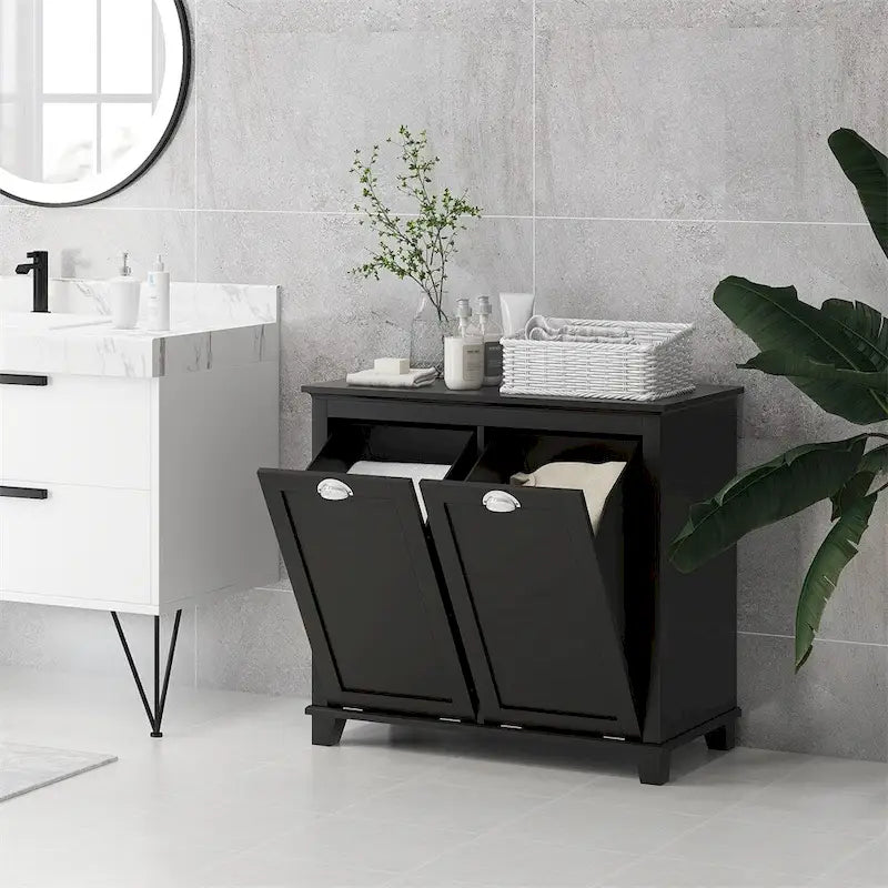 Meuble de rangement pour panier à linge inclinable double noir, 2 compartiments de rangement pour salle de bain