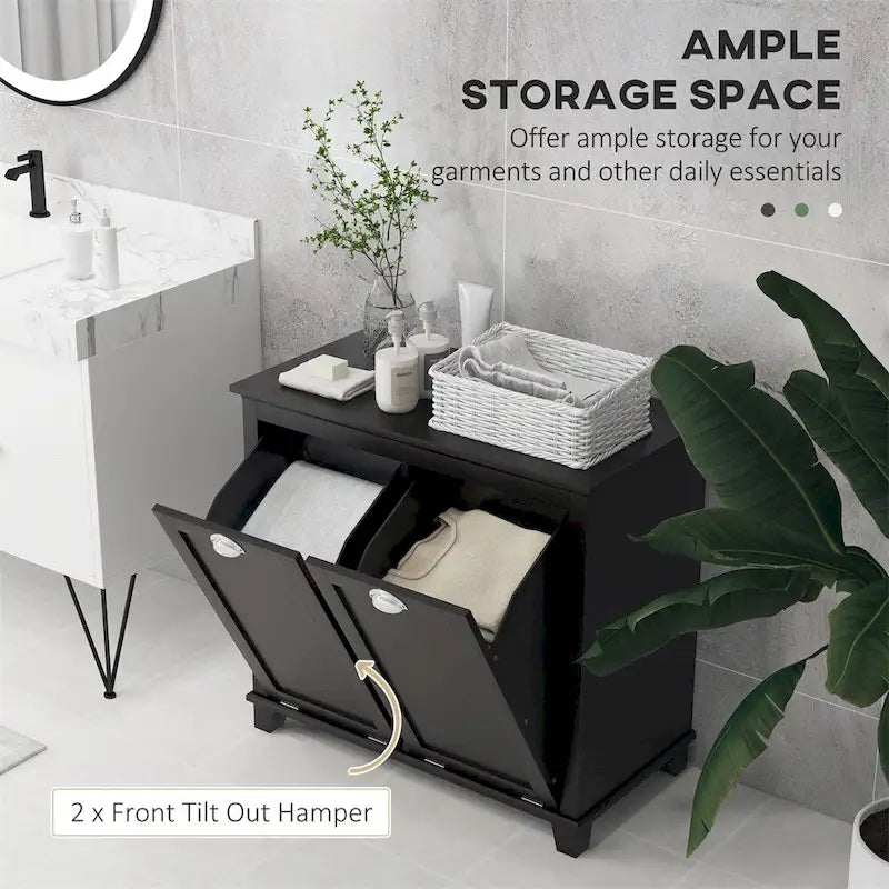 Meuble de rangement pour panier à linge inclinable double noir, 2 compartiments de rangement pour salle de bain