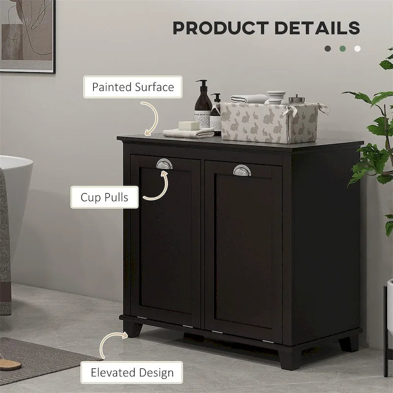 Meuble de rangement pour panier à linge inclinable double noir, 2 compartiments de rangement pour salle de bain