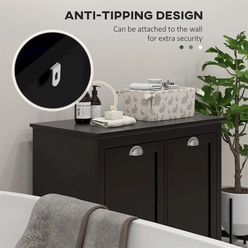 Meuble de rangement pour panier à linge inclinable double noir, 2 compartiments de rangement pour salle de bain
