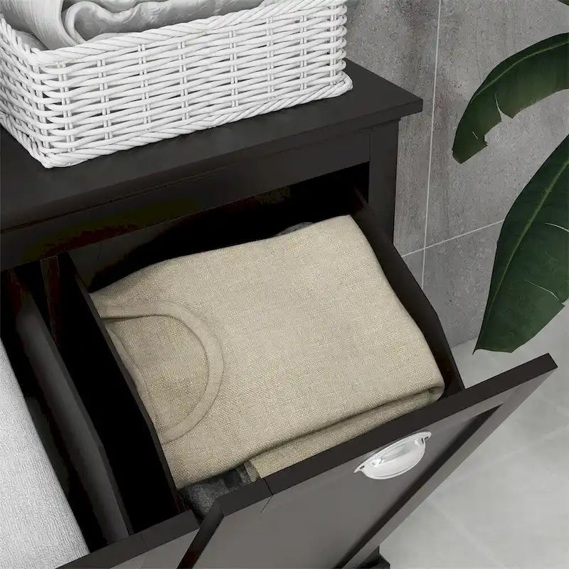 Meuble de rangement pour panier à linge inclinable double noir, 2 compartiments de rangement pour salle de bain