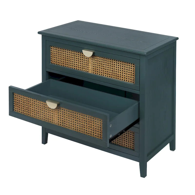 Meuble de rangement 3 tiroirs en rotin vert/gris