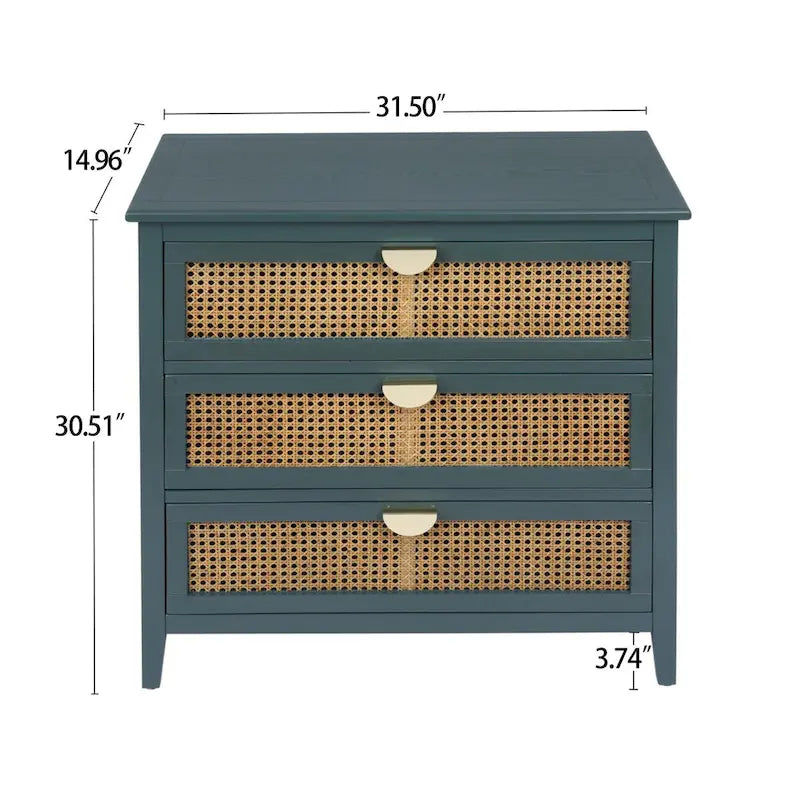 Meuble de rangement 3 tiroirs en rotin vert/gris