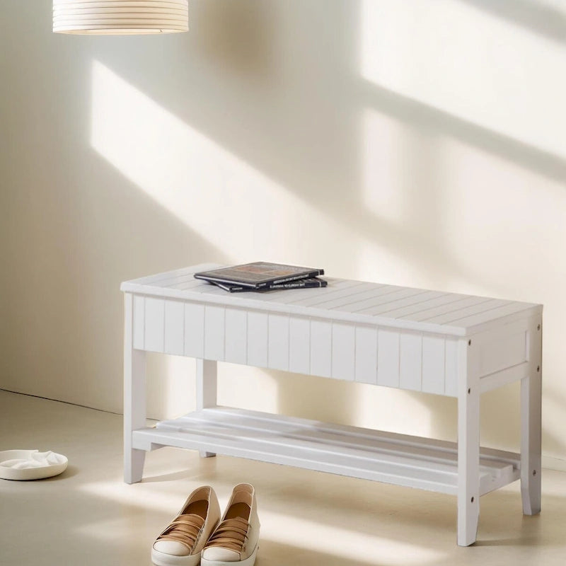 Banc à chaussures en bois massif cerisier/blanc, une place