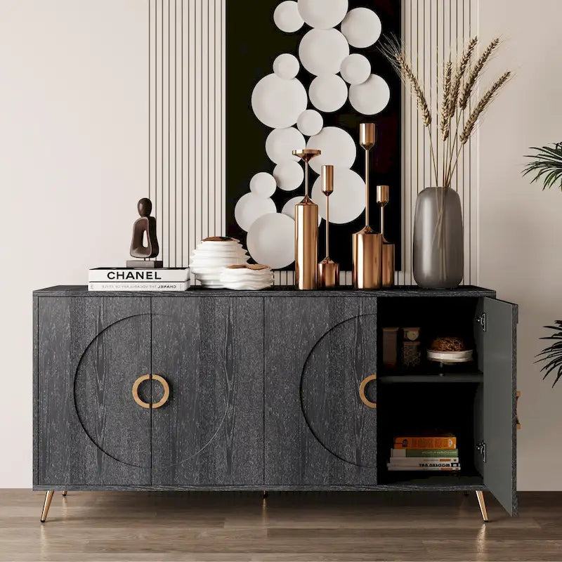 Meuble Buffet à 4 portes, Champagne / Noir Vieilli, 2 niveaux de rangement